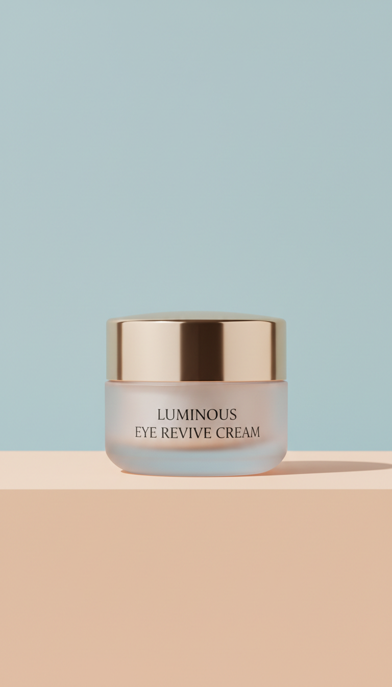 Luminous Eye Revive Cream, Hero angle: straight-on or slight 3/4 view at product height to showcase form and elegant...