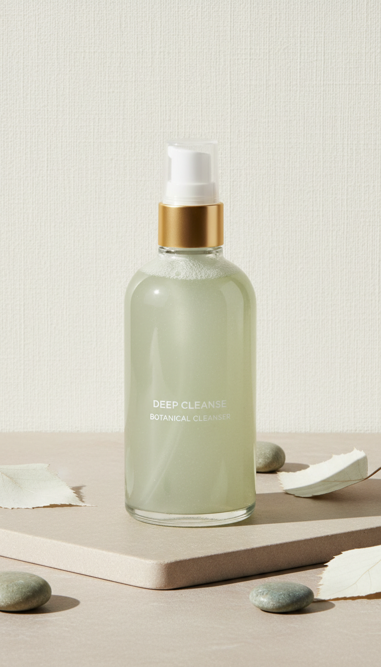Deep Cleanse Botanical Cleanser in clear pump bottle, Hero product angle is 45-degree three-quarter view showcasing glass...
