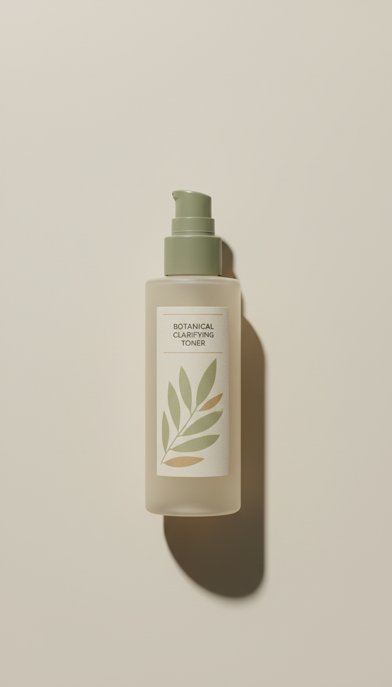Botanical Clarifying Toner, Default: Eye-level and 3/4 angle shots for each SKU on seamless neutral backgrounds ('Rice...