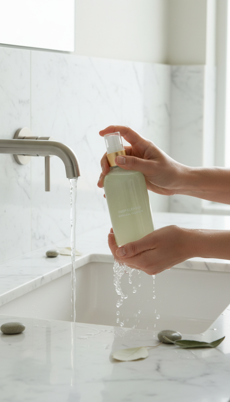 Botanical Cleanser in Clear Pump Bottle in use