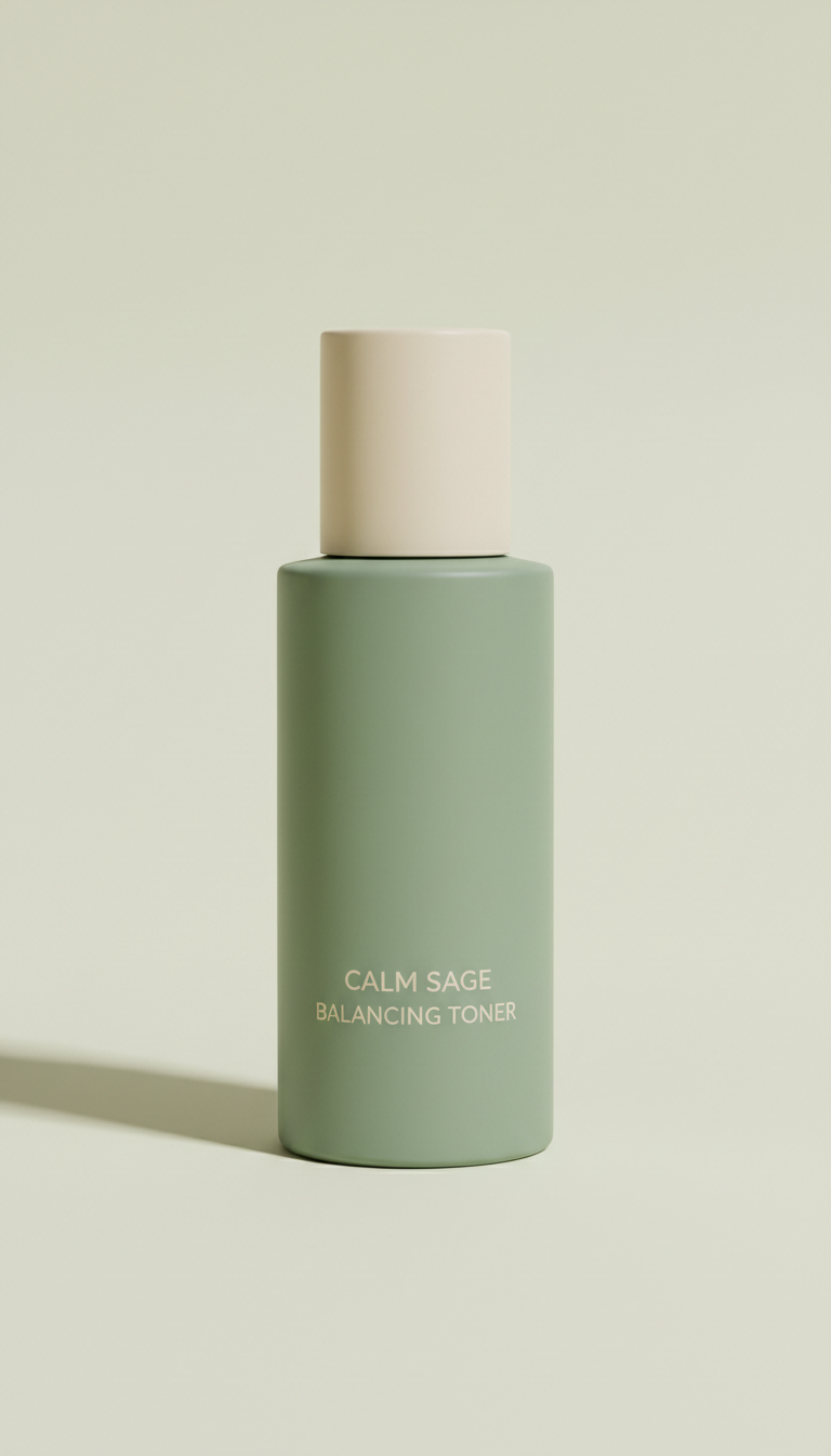 Calm Sage Balancing Toner, Three-quarter angle for bottles/tubes; camera slightly above eye-level for graceful...