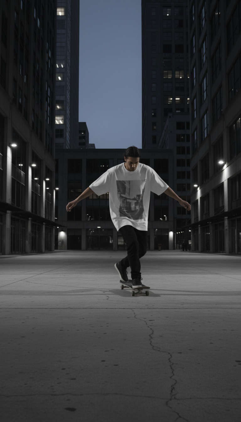 Paper White relaxed-fit t-shirt with Urban Grey print in use