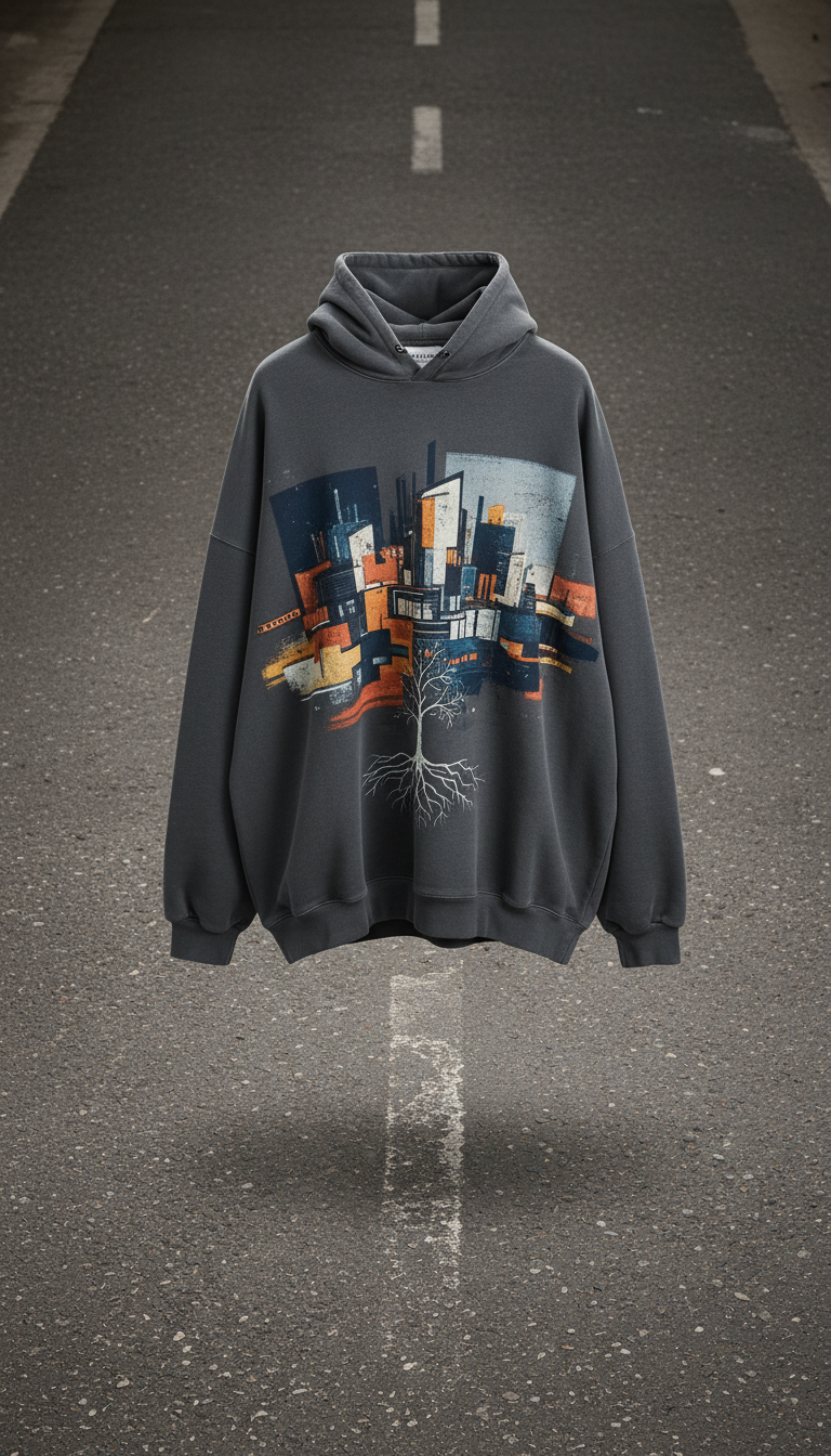 An oversized hoodie featuring a limited edition graphic print is perfectly centered in the frame, shot with a straight-on...