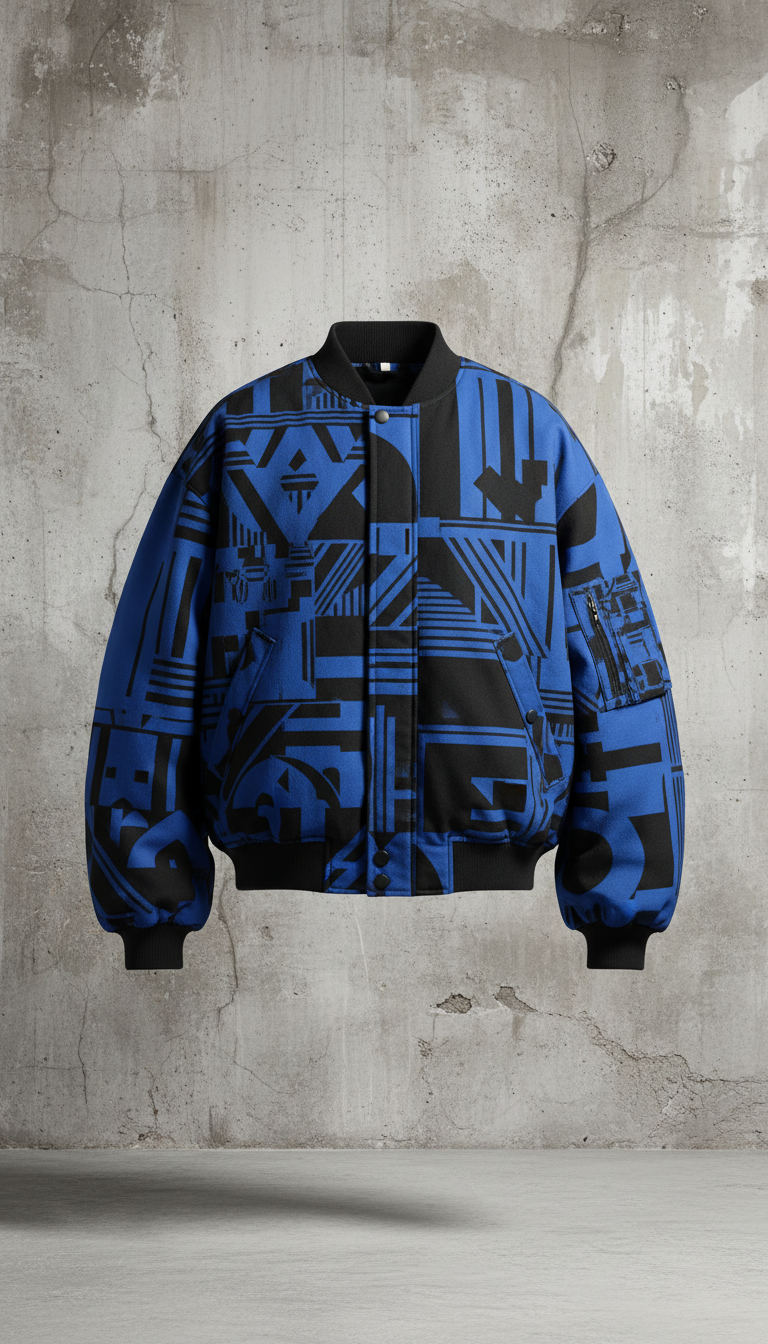 A straight-on, perfectly centered shot of an oversized jacket featuring Electric Blue and Midnight Black layered graphics....