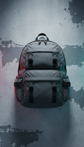 Neon-accented canvas utility backpack, Single-piece focus at a 3/4 angle on a textured neutral surface (concrete slab or...