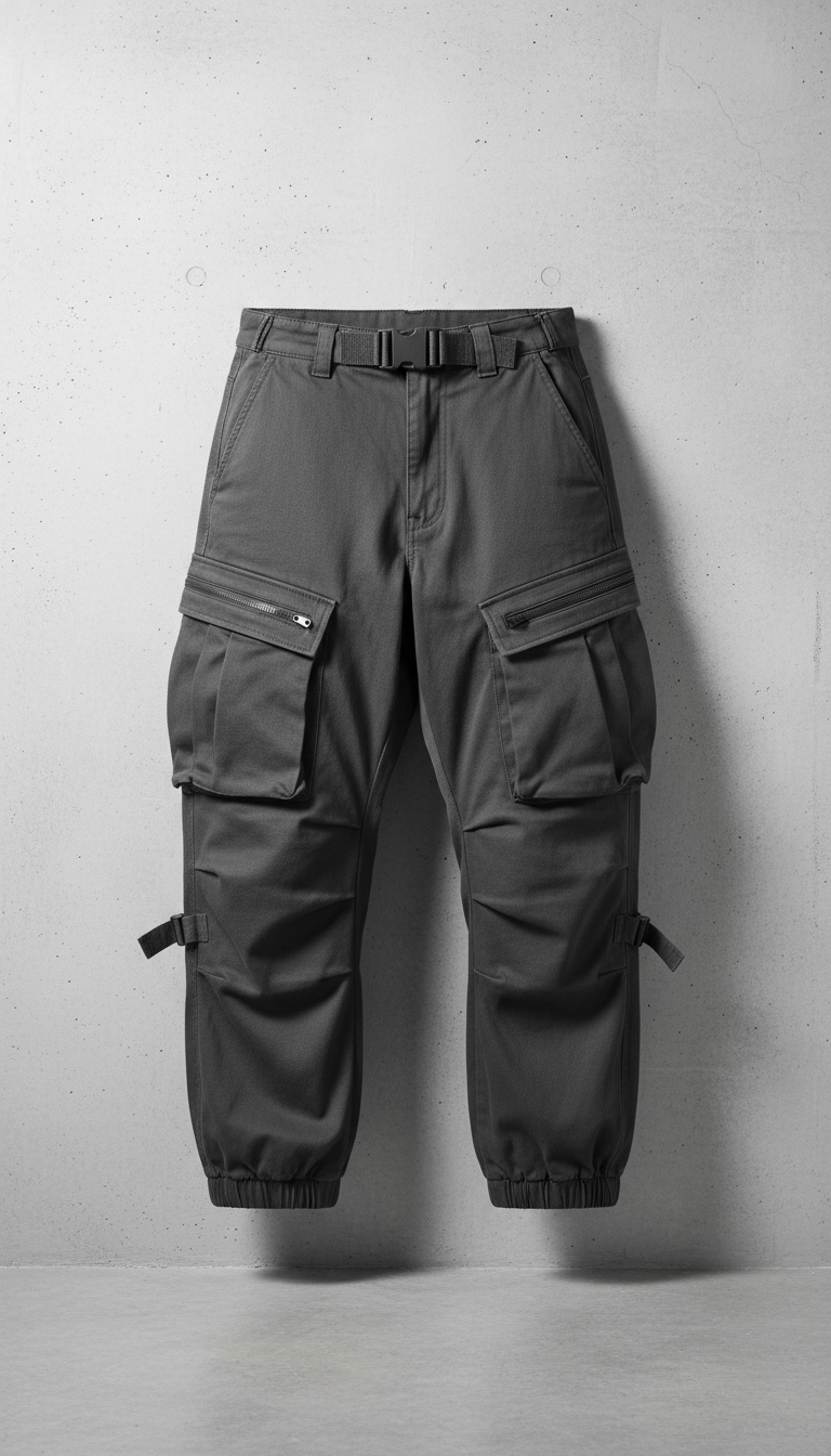 A pair of urban cargo pants is centered in the frame against a simple concrete wall. The lighting is soft and even,...