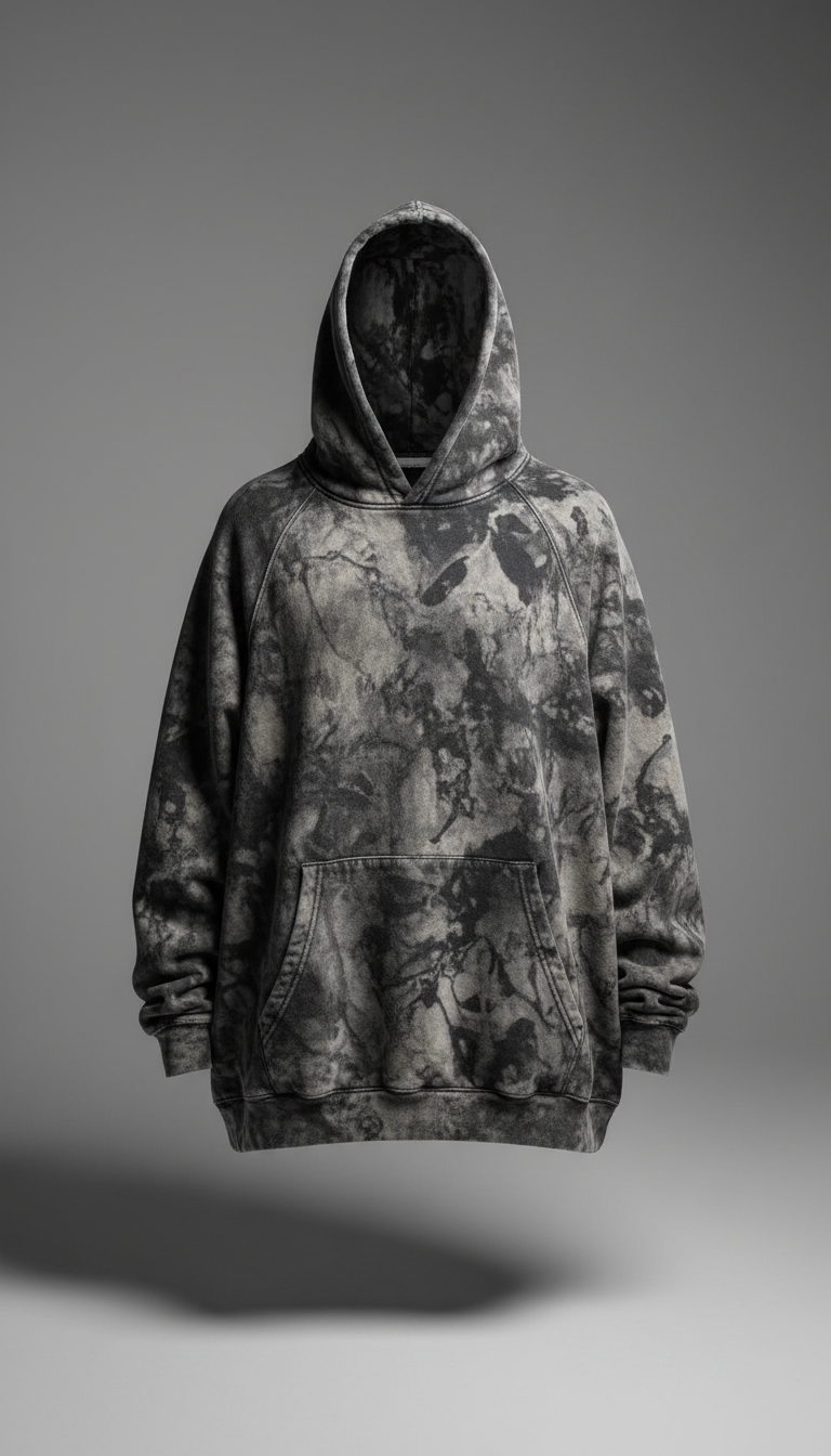 A perfectly centered front view of an oversized streetwear hoodie from the 'Street Shadows' collection, displayed against...