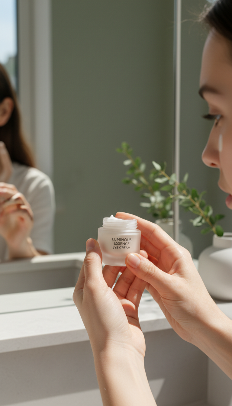 Luminous essence eye cream glass in use