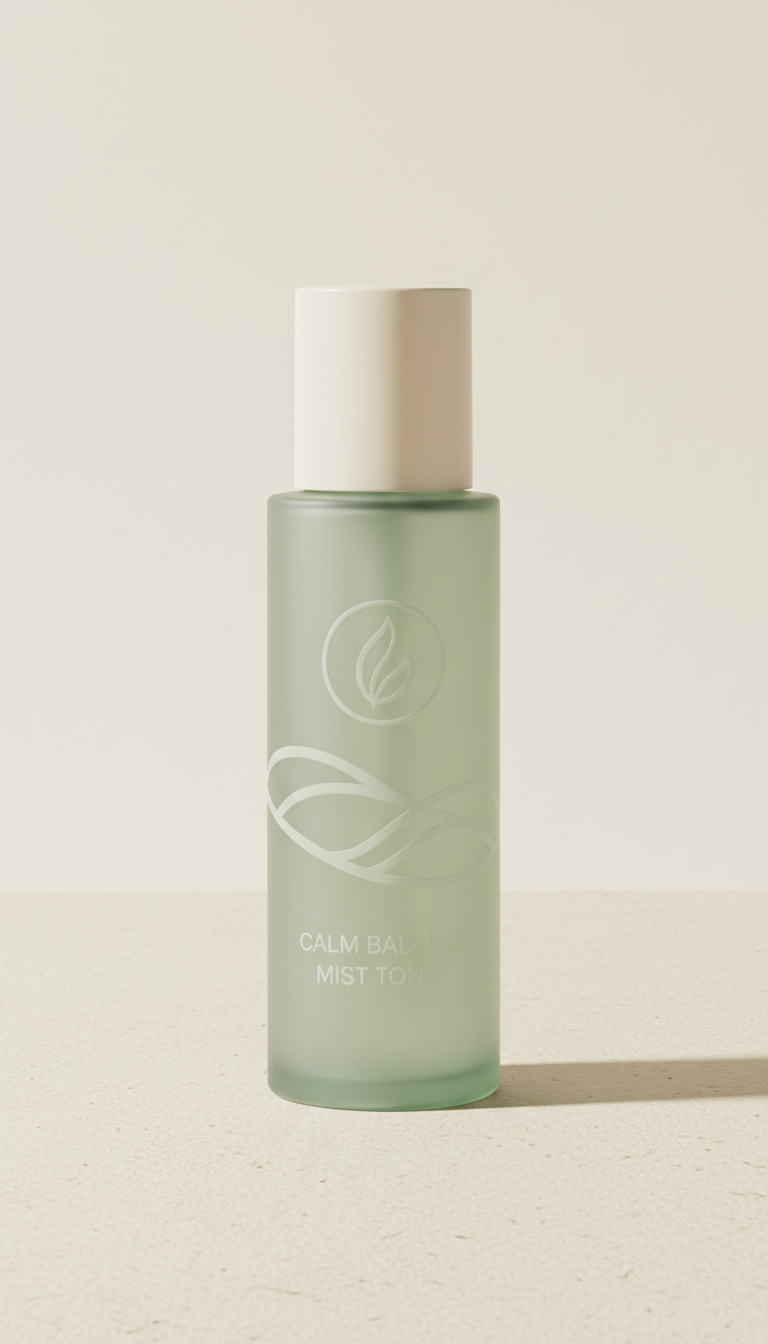 Calm Balance Mist Toner, Hero angle is a clean 3/4 view at slight elevation (15–20 degrees above eye-line), optimizing...