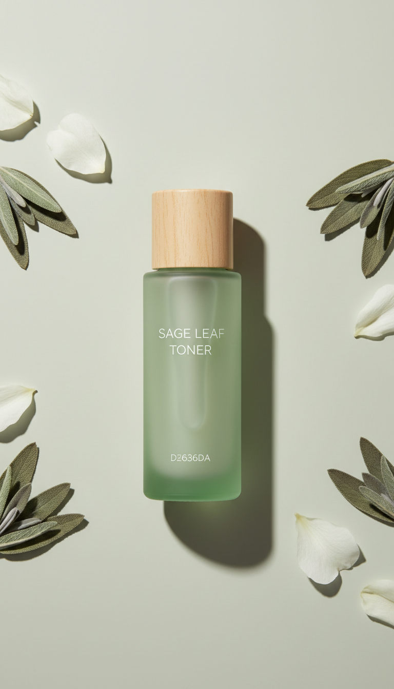 Sage Leaf toner, Capture products at a 3/4 angle on a textured stone surface, surrounded by botanical elements like leaves...