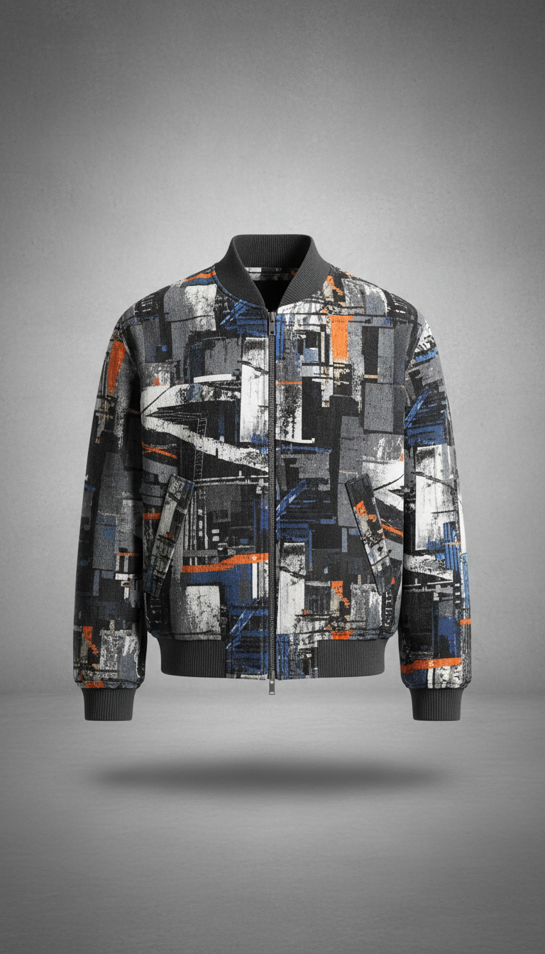 A bold print jacket from the Concrete Jungle collection is centered against a Concrete Silver background. The jacket's...