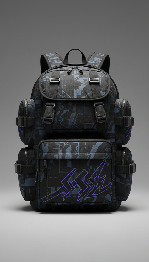 A perfectly centered anime-themed streetwear backpack displayed against a neutral 'Stormy Grey' backdrop. The backpack is...