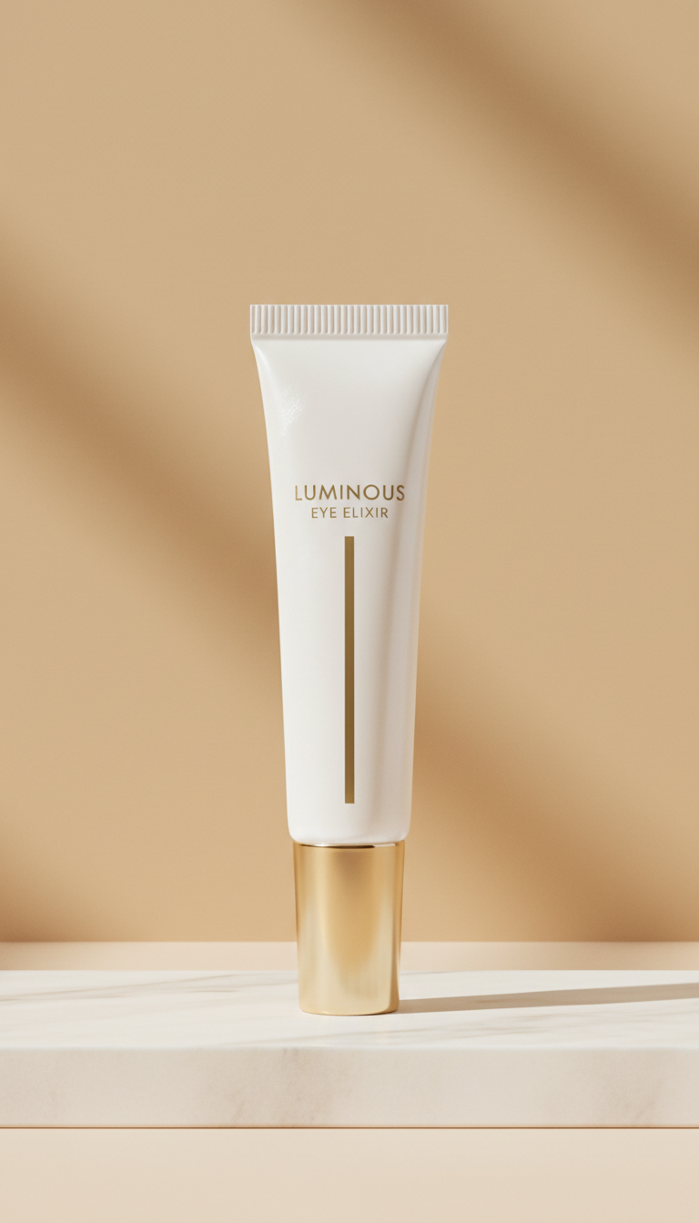 Luminous Eye Elixir tube, Heroic 3/4 angle for bottles/serums on acrylic block or marble plinth; background in soft Bare...